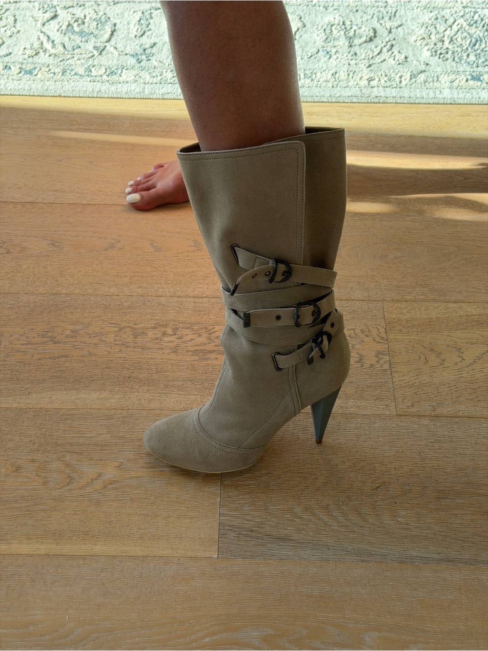 Stella McCartney Suede Mid-Calf Buckled Stiletto Boot in Taupe - Picture 3 of 8